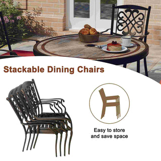 Red/Beige 4-Piece Cast Aluminum Patio Dining Chairs with Diagonal-Mesh & Vine Backrest