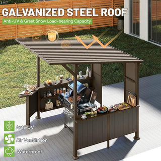 9x10FT Grill Gazebo Hardtop, Metal BBQ Gazebo with Storage Shelves and Expansion Platform, Heavy Duty Grill Canopy with Sloped Roof for Patio