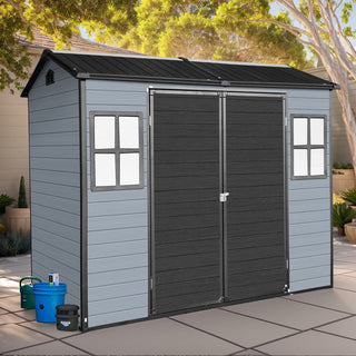 8x4 FT Resin Outdoor Storage Shed with Floor, 2 Windows & Lockable Door for Garden Tools, Bikes & Trash Cans