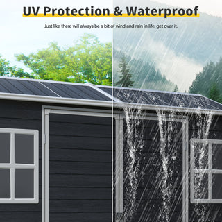 Outdoor Storage Shed with Two-Window and Double-Door, Plastic Shed with Floor for Gargen,Patio,Yard,Lawn,Black/Grey