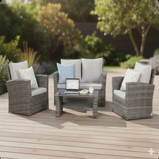 4-Piece Wicker Patio Conversation Set With Glass Table and Blue/Black/Gray Cushions