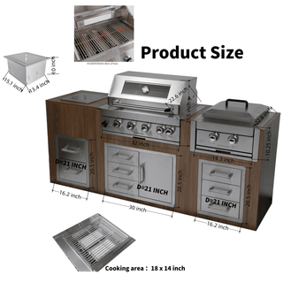 32-Inch Built-In Outdoor Kitchen LPG Gas Grill, 60,000 BTU Stainless Steel 4-Burner with Infrared Rear Burner, Drawer & Door Combo, Ice Box & BBQ Tool Set