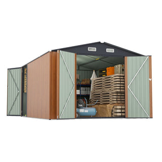 Outdoor Storage Shed 9×11 FT with 3 Lockable Doors,Utility Tool Shed Metal Storage Garden Sheds 4 Vents,Metal Sheds with Galvanized Steel Frame,for Backyard,Patio,Lawn,yellow