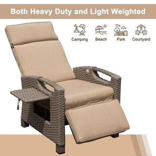 Outdoor Wicker Reclining Chair with Push-Back Backrest, Flip-Up Side Table & Thick Cushions for Patio & Backyard