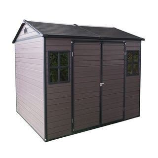 8 x 6 ft Resin Outdoor Storage Shed Waterproof Shed with Floor & Two Windows & Lockable Door, Tool Shed for Garden, Patio, Backyard,Grey/Black/White+Gray/Brown