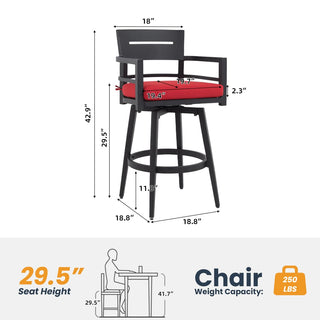 Modern 2-Piece Outdoor Swivel Bar Chairs with Sunbrella Cushions – 360° Aluminum Patio Bar Stools in Ember Black