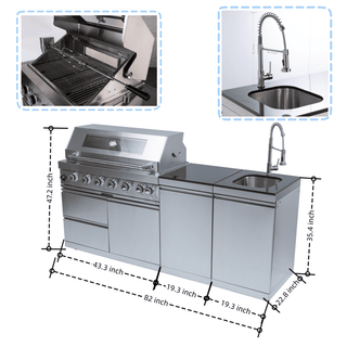 43" Deluxe 6-Burner Outdoor Kitchen Island Grill, 85,000 BTU Stainless Steel BBQ with Rotisserie, Granite Countertop, Sink & Storage Cabinets