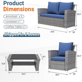 4-Piece Wicker Patio Conversation Set With Glass Table and Blue/Black/Gray Cushions