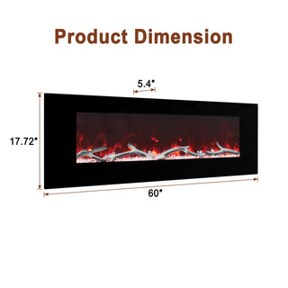 42/50/60/72 Inch Wall-Mounted Black Electric Fireplace Insert-5120 BTU with 2-Speaker Stereo Sound
