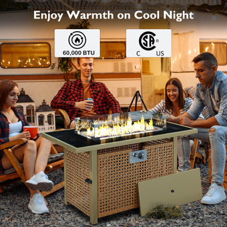 43" Propane Gas Fire Pit Table, 60000 BTU Rectangular Open Weave Wicker Fire Pit with Glass Wind Guard for Outside Patio Deck Garden Backyard