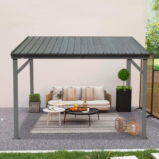 Wall-Mounted Hardtop Lean-to Gazebo with Gutters – Galvanized Steel Roof Outdoor Pergola Canopy