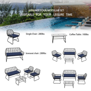 4-Piece Wicker Patio Furniture Set With Tempered Glass Table, Detachable Blue Cushion