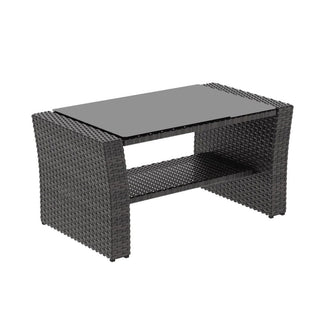 4-Piece Wicker Patio Conversation Set With Glass Table and Blue/Black/Gray Cushions