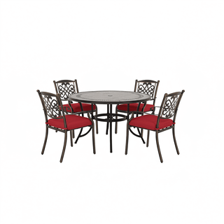 5-Piece Outdoor Dining Set - Round Gray Tile Table & Cast Aluminum Cushioned Chairs