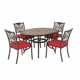 5-Piece Outdoor Cast Aluminum Dining Set with Tile-Top Round Table & Cushioned Chairs, Patio Furniture with Umbrella Hole