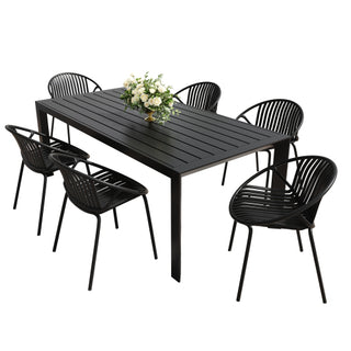 7-Piece Outdoor Modern Black Metal Table & Stackable Chairs - Polypropylene