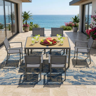 59-Inch Outdoor Patio Dining Table, Gray Aluminum Frame with HDPE Slatted Top