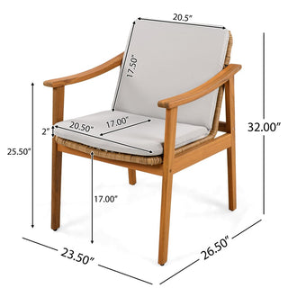 Outdoor Dining Chairs Set of 2, Teak Color Acacia Wood Frame, Brown PE Wicker, Grey Waterproof Cushion