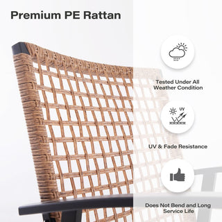 7-Piece Outdoor Patio Dining Set with 6 Wicker Chairs, 2 Swivel Rockers, Cushions & Slatted Table with Umbrella Hole for Backyard