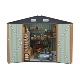 Outdoor Storage Shed 9×11 FT with 3 Lockable Doors,Utility Tool Shed Metal Storage Garden Sheds 4 Vents,Metal Sheds with Galvanized Steel Frame,for Backyard,Patio,Lawn,yellow