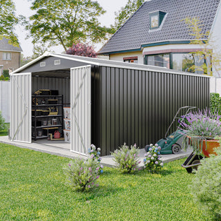 10×14 FT Heavy-Duty Metal Storage Shed with 3 Lockable Doors, 4 Vents & Sloped Roof – Outdoor Garden Tool Shed for Backyard, Patio & Lawn (Dark Grey)
