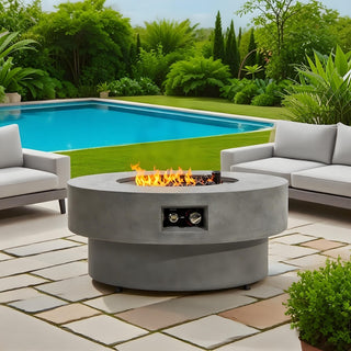 34-inch round propane fire pit Table, 50,000BTU outdoor firepit table for Outside Patio w/Round Burner Lid, Glass Rocks, Cover