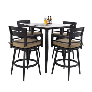5-Piece Outdoor Patio Swivel Bar Set with Marble-Style Stone Table & Aluminum Swivel Bar Stools