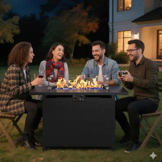 43”Width Outdoor 2-in1 Black Gas Fire Pit Table with Lid & Glass Shield, 50000 BTU CSA Certified Propane Gas Fire Pit, Rectangular Fire Table w/Stainless Burner, Lava Rock, Waterproof Cover
