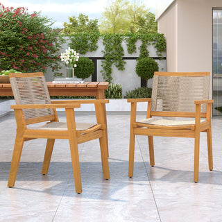 Outdoor Dining Chairs Set of 2, Teak Finish Wood Frame , Natural Courtyard Style, 400lbs Capacity