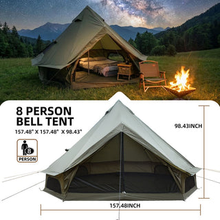 13.1FT 4-Season Bell Tent, Waterproof Canvas Glamping Yurt with Stove Jack, Green/Beige Family Camping Tent for 6-8 Persons Outdoor Camping & Parties