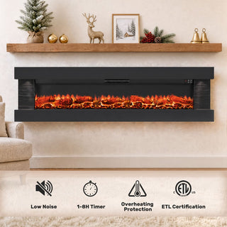 50"/60"/72" Wall-Mounted Electric Fireplace with Suspended LED Lighting, Modern Indoor Fireplace for Living Room