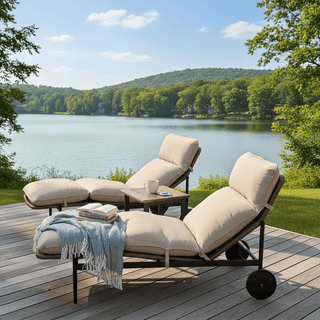 3-Piece Aluminum Rattan Patio Chaise Lounges With Rectangular Table And Light Gray Cushions