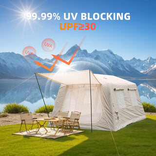 11m² Inflatable Camping Tent with Canopy & Hand Pump, 4-Season Waterproof Oxford Air Glamping Tent, Easy Setup Blow Up Tent for 4-8 Persons