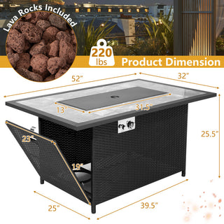 52 Inch Rattan Wicker Propane Fire Pit Table with Rain Cover and Lava Rock