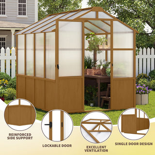 6x8 FT Wooden Walk-In Greenhouse with 6mm Polycarbonate Panels & Adjustable Roof Vent – Outdoor Garden Greenhouse for Backyard & Patio