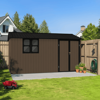 12x10 FT Metal Garden Shed Outdoor Storage, Multi-Color (White/Black/Grey/Brown) with Window & Shelving, Heavy Duty Garden Tool Shed for Backyard & Patio