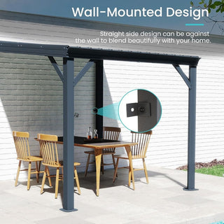 Wall-Mounted Hardtop Lean-to Gazebo with Gutters – Galvanized Steel Roof Outdoor Pergola Canopy