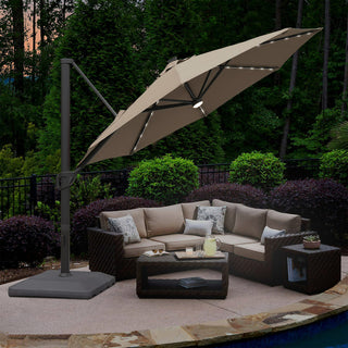 11ft Solar LED Market Umbrella with Base – Outdoor Round Patio Umbrella with Crank & Aluminum Pole