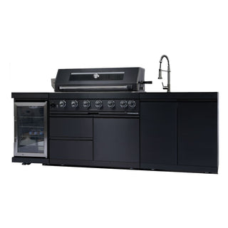 43-Inch Deluxe Outdoor Kitchen BBQ Island Grill, 6-Burner 85,000 BTU Stainless Steel Gas Grill with Wine Cooler, Refrigerator, Rotisserie Kit, Granite Countertop & Sink