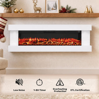 32"/50"/60"/72" Wall-Mounted Electric Fireplace with Suspended LED Lighting, Modern Indoor Fireplace for Living Room