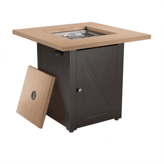 50,000 BTU Outdoor Propane Fire Pit Table, ETL Certified Gas Fire Pit with Side Door, Wood-Look Tabletop & X-Shaped Base