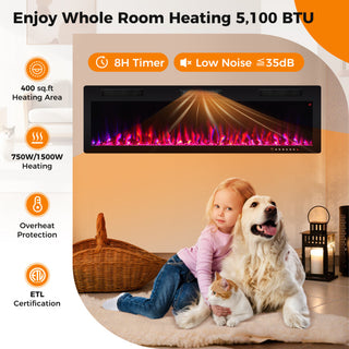 Electric Fireplace 40/50/60 Inches Recessed and Wall Mounted for 2 x 6 Ft Stud