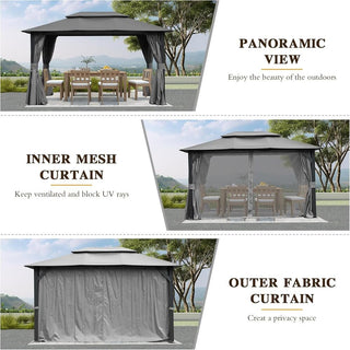 10X14 FT Outdoor Gazebo With Double Roofs, Privacy Curtains, Mosquito Nettings, Heavy Duty Metal Frame Party Tent Canopy