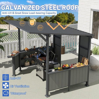 9x10FT Grill Gazebo Hardtop, Metal BBQ Gazebo with Storage Shelves and Expansion Platform, Heavy Duty Grill Canopy with Sloped Roof for Patio