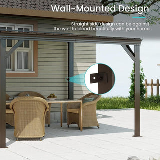 Wall-Mounted Hardtop Lean-to Gazebo with Gutters – Galvanized Steel Roof Outdoor Pergola Canopy