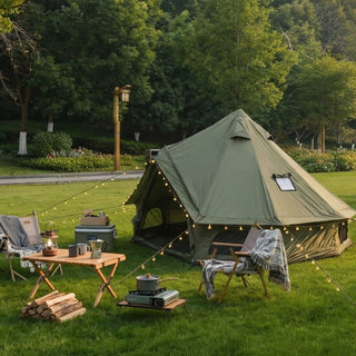 9.8FT 4-Season Bell Tent, Waterproof Glamping Yurt Tent with Stove Jack, Green/Beige Canvas Family Camping Tent for 4 Persons Outdoor Camping & Parties