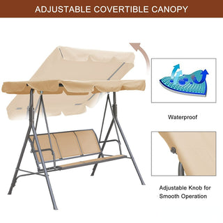 3-Person Beige Patio Swing Chair with Adjustable Waterproof Canopy for Outdoor Garden Backyard