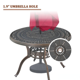 40" Round Cast Aluminum Outdoor Dining Table in Antique Bronze/White with 1.9" Umbrella Hole, Standard Height for Patio & Garden