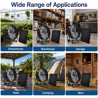 24"/30" Wheeled Solar Ventilation Fan with 140W Adjustable Monocrystalline Panel, 130W DC Brushless Motor & 3-Speed Remote for Warehouse & Workshop