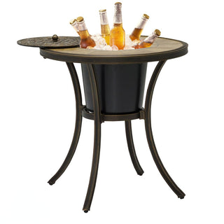 28 Inch Wood Grain Ceramic Top Cast Aluminum Bistro Table with Built-in Ice Bucket Rust Proof Outdoor Patio Table